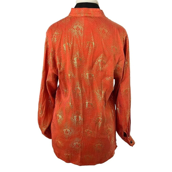 Vintage Silversilk Medusa Head Woven Orange Gold Silk Blouse Made in Korea M - Picture 4 of 14